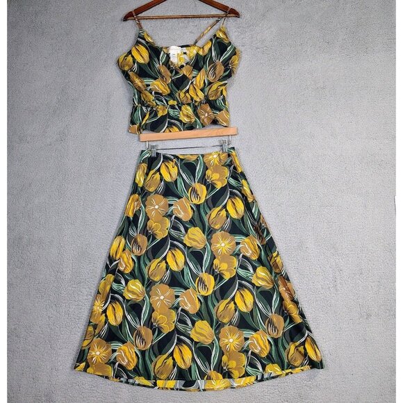 Corey Lynn Calter Skirt Top 2-Piece Set Women's M/S Yellow Floral Peplum A-Line - Picture 1 of 16